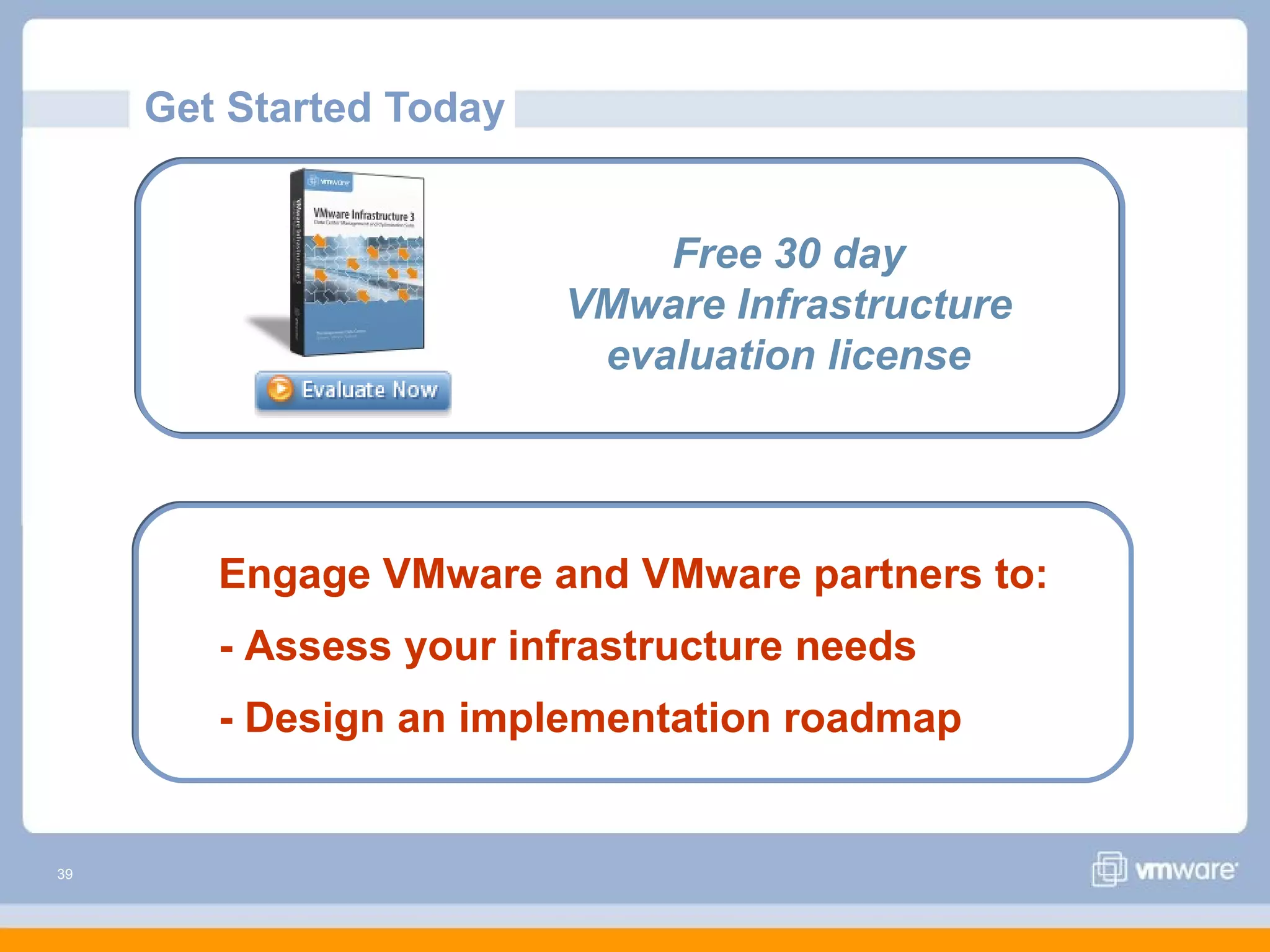 Get Started Today


                             Free 30 day
                         VMware Infrastructure
                          evaluation license




        Engage VMware and VMware partners to:
        - Assess your infrastructure needs
        - Design an implementation roadmap


39
 