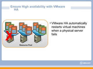 Ensure High availability with VMware HA Resource Pool X VMware HA automatically restarts virtual machines when a physical server fails 