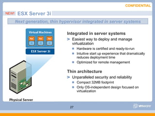 ESX Server 3i Integrated in server systems Easiest way to deploy and manage virtualization Hardware is certified and ready-to-run Intuitive start up experience that dramatically reduces deployment time Optimized for remote management Thin architecture Unparalleled security and reliability Compact 32MB footprint Only OS-independent design focused on virtualization Next generation, thin hypervisor integrated in server systems NEW! 