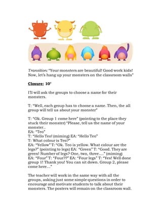 Transition: “Your monsters are beautiful! Good work kids!
Now, let’s hang up your monsters on the classroom walls”
Closure: 10’
I’ll will ask the groups to choose a name for their
monsters.
T: “Well, each group has to choose a name. Then, the all
group will tell us about your monster”
T: “Ok. Group 1 come here” (pointing to the place they
stuck their monster) “Please, tell us the name of your
monster..
EA: “Teo”
T: “Hello Teo! (miming) EA: “Hello Teo”
T: What colour is Teo?”
EA: “Yellow” T: “Ok. Teo is yellow. What colour are the
legs?” (pointing to legs) EA: “Green” T: “Good. They are
green! Number of legs? One, two, three….” (miming)
EA: “Four” T: “Four??” EA: “Four legs” T: “Yes! Well done
group 1! Thank you! You can sit down. Group 2, please
come here…”
The teacher will work in the same way with all the
groups, asking just some simple questions in order to
encourage and motivate students to talk about their
monsters. The posters will remain on the classroom wall.
 