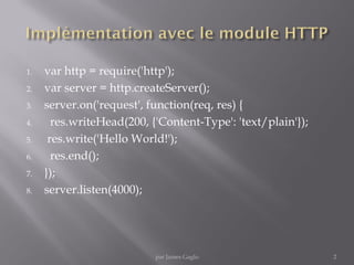 1. var http = require('http');
2. var server = http.createServer();
3. server.on('request', function(req, res) {
4. res.writeHead(200, {'Content-Type': 'text/plain'});
5. res.write('Hello World!');
6. res.end();
7. });
8. server.listen(4000);
2par James Gaglo
 