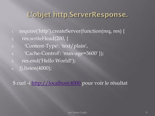 1. require('http').createServer(function(req, res) {
2. res.writeHead(200, {
3. 'Content-Type': 'text/plain',
4. 'Cache-Control': 'max-age=3600' });
5. res.end('Hello World!');
6. }).listen(4000);
$ curl -i http://localhost:4000 pour voir le résultat
8par James Gaglo
 