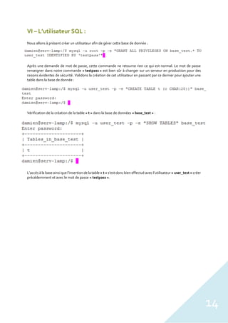 14
VI – L’utilisateur SQL :
Nous allons à présent créer un utilisateur afin de gérer cette base de donnée :
Après une demande de mot de passe, cette commande ne retourne rien ce qui est normal. Le mot de passe
renseigner dans notre commande « testpass » est bien sûr à changer sur un serveur en production pour des
raisons évidentes de sécurité. Validons la création de cet utilisateur en passant par ce dernier pour ajouter une
table dans la base de donnée :
Vérification de la création de la table « t » dans la base de données « base_test » :
L’accès à la base ainsi que l’insertion de la table « t » s’est donc bien effectué avec l’utilisateur « user_test » créer
précédemment et avec le mot de passe « testpass ».
 