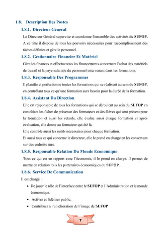 7
1.8. Description Des Postes
1.8.1. Directeur General
Le Directeur Général supervise et coordonne l'ensemble des activités du SUFOP.
A ce titre il dispose de tous les pouvoirs nécessaires pour l'accomplissement des
tâches définies et gère le personnel.
1.8.2. Gestionnaire Financier Et Matériel
Gère les finances et effectue tous les financements concernant l'achat des matériels
de travail et la paye salariale du personnel intervenant dans les formations.
1.8.3. Responsable Des Programmes
Il planifie et perfectionne toutes les formations qui se réalisent au sein du SUFOP,
en contrôlant tous ce qu’une formation aura besoin pour la durée de la formation.
1.8.4. Assistant Du Direction
Elle est responsable de tous les formations qui se déroulent au sein du SUFOP en
contrôlant les fiches de présence des formateurs et des élèves qui sont présent pour
la formation et aussi les retards, elle évalue aussi chaque formation et après
évaluation, elle donne au formateur qui été là.
Elle contrôle aussi les outils nécessaires pour chaque formation.
Et aussi tous ce qui concerne le directeur, elle le prend en charge en les conservant
sur des endroits surs.
1.8.5. Responsable Relation Du Monde Economique
Tous ce qui est en rapport avec l’économie, il le prend en charge. Il permet de
mettre en relation tous les partenaires économiques du SUFOP.
1.8.6. Service De Communication
Il est chargé :
 De jouer le rôle de l’interface entre le SUFOP et l’Administration et le monde
économique.
 Activer et fidéliser public.
 Contribuer à l’amélioration de l’image de SUFOP
 