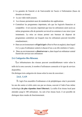 11
 La garantie de l'unicité et de l'universalité de l'accès à l'information (bases de
données en réseau).
 Le jeu vidéo multi-joueurs.
 Les réseaux permettent aussi de standardiser des applications.
 Centraliser les programmes importants, tels que les logiciels financiers et
comptables : il est souvent, important que tous les utilisateurs aient accès au
même programme afin de permettre un travail en commun et une mise à jour
instantanée. La mise en réseau permet aux bureaux de disposer de
programmes centralisés sur lesquels tous les utilisateurs peuvent travailler
simultanément ;
 Dans un environnement « d’égal à égal » (Peer to Peer en anglais), dans lequel
il n’y a pas d’ordinateur central et chacun d’eux a un rôle similaire à l’autre ;
 Dans un environnement « client/serveur », dans lequel un ordinateur central
fournit des services aux utilisateurs
2.4. Catégories Des Réseaux
Les infrastructures des réseaux peuvent considérablement varier selon la
taille de la zone couverte, le nombre d’utilisateurs connectés et le type de services
disponibles.
On distingue trois catégories de réseau selon la zone de couverture :
2.4.1. LAN
Il s’agit d’un ensemble d’ordinateurs et de périphériques situé à proximité
les uns des autres et reliés entre eux par un réseau, souvent à l’aide d’une même
technologie (la plus répandue étant Ethernet). La taille d’un réseau local peut
atteindre jusqu’à 100 utilisateurs. Au sein d’un réseau local, il est possible de
distinguer deux modes de fonctionnement.
 