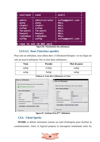 33
Figure 36 : Visualisation des utilisateurs
3.5.5.4.2. Dans l’interface openfire
Pour crée un utilisateur, nous allons dans « Utilisateurs/Groupes » et on clique sur
crée un nouvel utilisateur. On va créer deux utilisateurs :
Nom Pseudo Mot de passe
cufop Cufop cufop
sufop Sufop sufop
Tableau 4: Liste Des Utilisateurs à Créer
Figure 37 : Création D’un 2ème Utilisateur
3.5.6. Client Sparks
SPARK se définit clairement comme un outil d'entreprise pour faciliter la
communication. Ainsi, le logiciel propose la messagerie instantanée entre les
 