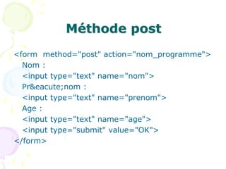 Méthode post
<form method="post" action="nom_programme">
Nom :
<input type="text" name="nom">
Pr&eacute;nom :
<input type="text" name="prenom">
Age :
<input type="text" name="age">
<input type="submit" value="OK">
</form>
 