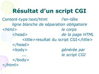 Résultat d’un script CGI
Content-type:text/html l’en-tête
ligne blanche de séparation obligatoire
<html> le corps
<head> de la page HTML
<title>resultat du script CGI</title>
</head>
<body> générée par
... le script CGI
</body>
</html>
 