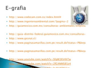 http://www.codecam.com.co/index.html# http://www.ingenieroambiental.com/?pagina=2 http://guiamexico.com.mx/consultoras-ambientales/empresas-guia.html   http://guia-distrito-federal.guiamexico.com.mx/consultoras-ambientales/distrito-federal/empresas-guia.html http://www.gesnat.cl/   http://www.paginasamarillas.com.pe/result.do?status=P&keyword=Impacto%20Ambiental:%20Consultorias   http://www.paginasamarillas.com.pe/result.do?status=P&keyword=Impacto%20Ambiental:%20Consultorias   http://www.youtube.com/watch?v=SfgW3XV4hTw http://www.youtube.com/watch?v=2fG4NMS85z4 http://www.youtube.com/watch?v=bvYUAllXU1w 
