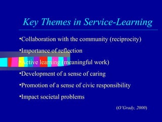 Key Themes in Service-Learning
•Collaboration with the community (reciprocity)
•Importance of reflection
•Active learning (meaningful work)
•Development of a sense of caring
•Promotion of a sense of civic responsibility
•Impact societal problems
                                       (O’Grady, 2000)
 