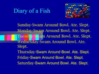 Diary of a Fish

 Sunday-Swam Around Bowl. Ate. Slept.
 Monday-Swam Around Bowl. Ate. Slept.
 Tuesday-Swam Around Bowl. Ate. Slept.
 Wednesday-Swam Around Bowl. Ate.
 Slept.
 Thursday-Swam Around Bowl. Ate. Slept.
 Friday-Swam Around Bowl. Ate. Slept.
 Saturday-Swam Around Bowl. Ate. Slept.
 