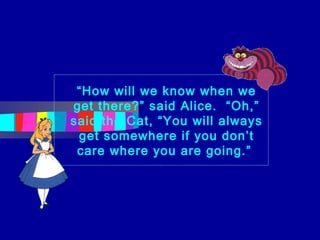 “How will we know when we
get there?” said Alice. “Oh,”
said the Cat, “You will always
 get somewhere if you don’t
 care where you are going.”
 