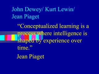 John Dewey/ Kurt Lewin/
Jean Piaget
 “Conceptualized learning is a
 process where intelligence is
 shaped by experience over
 time.”
 Jean Piaget
 
