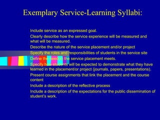 Exemplary Service-Learning Syllabi:

  Include service as an expressed goal.
  Clearly describe how the service experience will be measured and
  what will be measured.
  Describe the nature of the service placement and/or project
  Specify the roles and responsibilities of students in the service site
  Define the need(s) the service placement meets.
  Specify how students will be expected to demonstrate what they have
  learned in the placement/or project (journals, papers, presentations).
  Present course assignments that link the placement and the course
  content
  Include a description of the reflective process
  Include a description of the expectations for the public dissemination of
  student’s work.
 