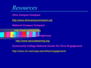 Resources
Ohio Campus Compact

http://www.ohiocampuscompact.org

National Campus Compact

 http://www.compact.org

Service-Learning Clearinghouse

  http://www.servicelearning.org

Community College National Center for Civic Engagement

http://www.mc.maricopa.edu/other/engagement/
 