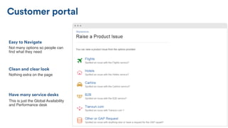 Nothing extra on the page
Clean and clear look
Not many options so people can
ﬁnd what they need
Easy to Navigate
This is just the Global Availability
and Performance desk
Have many service desks
Customer portal
 