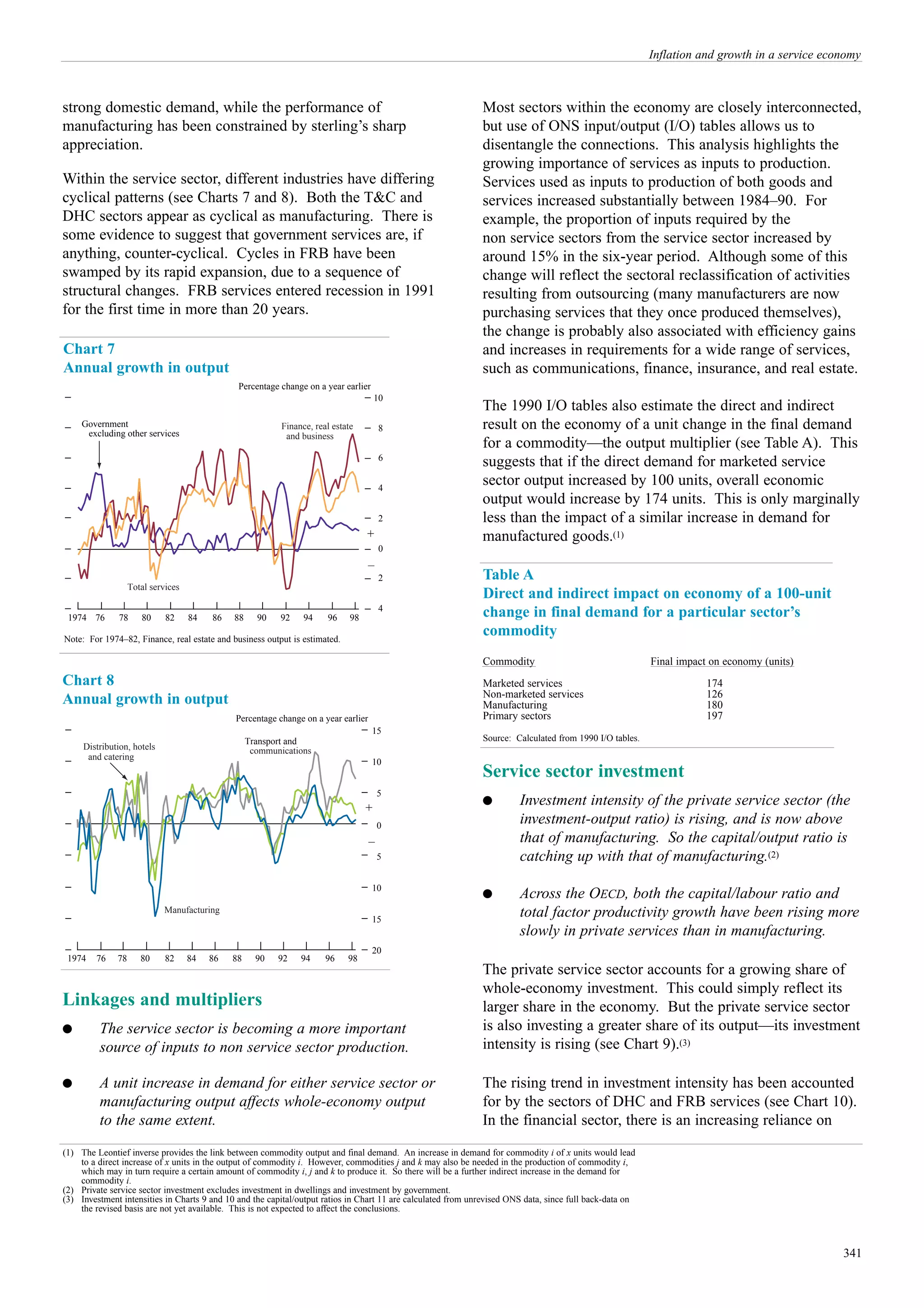 Inflation and growth in a service economy



strong domestic demand, while the performance of                                                              Most sectors within the economy are closely interconnected,
manufacturing has been constrained by sterling’s sharp                                                        but use of ONS input/output (I/O) tables allows us to
appreciation.                                                                                                 disentangle the connections. This analysis highlights the
                                                                                                              growing importance of services as inputs to production.
Within the service sector, different industries have differing                                                Services used as inputs to production of both goods and
cyclical patterns (see Charts 7 and 8). Both the T&C and                                                      services increased substantially between 1984–90. For
DHC sectors appear as cyclical as manufacturing. There is                                                     example, the proportion of inputs required by the
some evidence to suggest that government services are, if                                                     non service sectors from the service sector increased by
anything, counter-cyclical. Cycles in FRB have been                                                           around 15% in the six-year period. Although some of this
swamped by its rapid expansion, due to a sequence of                                                          change will reflect the sectoral reclassification of activities
structural changes. FRB services entered recession in 1991                                                    resulting from outsourcing (many manufacturers are now
for the first time in more than 20 years.                                                                     purchasing services that they once produced themselves),
                                                                                                              the change is probably also associated with efficiency gains
Chart 7                                                                                                       and increases in requirements for a wide range of services,
Annual growth in output                                                                                       such as communications, finance, insurance, and real estate.
                                               Percentage change on a year earlier
                                                                                       10
                                                                                                              The 1990 I/O tables also estimate the direct and indirect
    Government
     excluding other services
                                                           Finance, real estate         8                     result on the economy of a unit change in the final demand
                                                            and business
                                                                                                              for a commodity—the output multiplier (see Table A). This
                                                                                        6
                                                                                                              suggests that if the direct demand for marketed service
                                                                                        4
                                                                                                              sector output increased by 100 units, overall economic
                                                                                                              output would increase by 174 units. This is only marginally
                                                                                        2                     less than the impact of a similar increase in demand for
                                                                                   +                          manufactured goods.(1)
                                                                                        0
                                                                                   –
                                                                                        2                     Table A
                   Total services
                                                                                                              Direct and indirect impact on economy of a 100-unit
                                                                                        4
 1974 76      78      80     82     84   86   88     90    92    94    96     98                              change in final demand for a particular sector’s
Note: For 1974–82, Finance, real estate and business output is estimated.
                                                                                                              commodity
                                                                                                              Commodity                                   Final impact on economy (units)
Chart 8                                                                                                       Marketed services                                       174
                                                                                                              Non-marketed services                                   126
Annual growth in output                                                                                       Manufacturing                                           180
                                              Percentage change on a year earlier                             Primary sectors                                         197
                                                                                     15
                                                   Transport and                                              Source: Calculated from 1990 I/O tables.
     Distribution, hotels                           communications
      and catering
                                                                                     10
                                                                                                              Service sector investment
                                                                                        5
                                                                                   +
                                                                                                              q         Investment intensity of the private service sector (the
                                                                                        0
                                                                                                                        investment-output ratio) is rising, and is now above
                                                                                    –                                   that of manufacturing. So the capital/output ratio is
                                                                                        5                               catching up with that of manufacturing.(2)
                                                                                     10
                                                                                                              q         Across the OECD, both the capital/labour ratio and
                            Manufacturing
                                                                                     15
                                                                                                                        total factor productivity growth have been rising more
                                                                                                                        slowly in private services than in manufacturing.
                                                                                     20
 1974   76    78      80     82     84   86   88     90   92    94     96    98
                                                                                                              The private service sector accounts for a growing share of
                                                                                                              whole-economy investment. This could simply reflect its
Linkages and multipliers                                                                                      larger share in the economy. But the private service sector
q        The service sector is becoming a more important                                                      is also investing a greater share of its output—its investment
         source of inputs to non service sector production.                                                   intensity is rising (see Chart 9).(3)

q        A unit increase in demand for either service sector or                                               The rising trend in investment intensity has been accounted
         manufacturing output affects whole-economy output                                                    for by the sectors of DHC and FRB services (see Chart 10).
         to the same extent.                                                                                  In the financial sector, there is an increasing reliance on
(1) The Leontief inverse provides the link between commodity output and final demand. An increase in demand for commodity i of x units would lead
    to a direct increase of x units in the output of commodity i. However, commodities j and k may also be needed in the production of commodity i,
    which may in turn require a certain amount of commodity i, j and k to produce it. So there will be a further indirect increase in the demand for
    commodity i.
(2) Private service sector investment excludes investment in dwellings and investment by government.
(3) Investment intensities in Charts 9 and 10 and the capital/output ratios in Chart 11 are calculated from unrevised ONS data, since full back-data on
    the revised basis are not yet available. This is not expected to affect the conclusions.



                                                                                                                                                                                               341
 