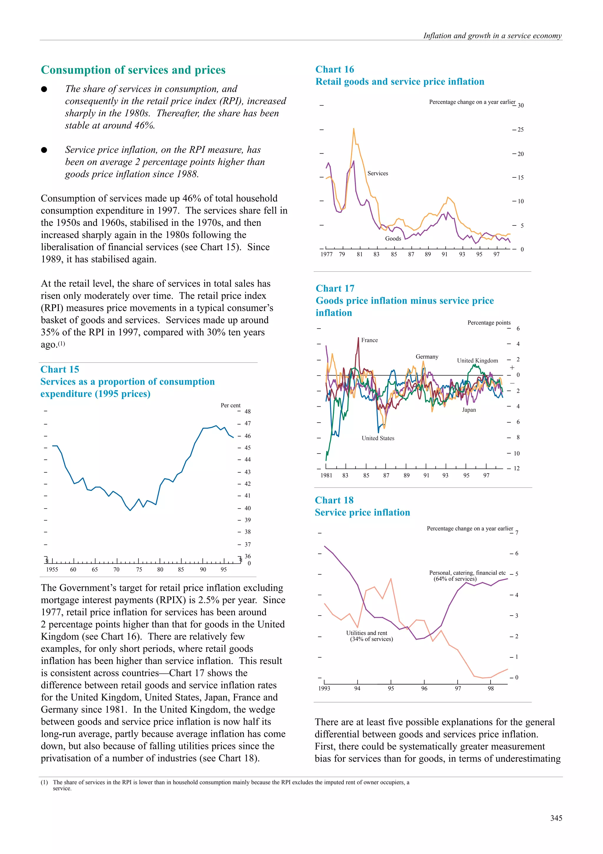 Inflation and growth in a service economy



Consumption of services and prices                                                                          Chart 16
                                                                                                            Retail goods and service price inflation
q        The share of services in consumption, and
         consequently in the retail price index (RPI), increased                                                                                                    Percentage change on a year earlier
                                                                                                                                                                                                               30
         sharply in the 1980s. Thereafter, the share has been
         stable at around 46%.                                                                                                                                                                                 25


q        Service price inflation, on the RPI measure, has                                                                                                                                                      20
         been on average 2 percentage points higher than
         goods price inflation since 1988.                                                                                           Services
                                                                                                                                                                                                               15


Consumption of services made up 46% of total household                                                                                                                                                         10
consumption expenditure in 1997. The services share fell in
the 1950s and 1960s, stabilised in the 1970s, and then                                                                                                                                                             5
increased sharply again in the 1980s following the                                                                                            Goods
liberalisation of financial services (see Chart 15). Since                                                                                                                                                         0
                                                                                                              1977    79       81        83        85    87     89       91     93          95        97
1989, it has stabilised again.

At the retail level, the share of services in total sales has                                               Chart 17
risen only moderately over time. The retail price index                                                     Goods price inflation minus service price
(RPI) measures price movements in a typical consumer’s                                                      inflation
basket of goods and services. Services made up around                                                                                                                                Percentage points
                                                                                                                                                                                                               6
35% of the RPI in 1997, compared with 30% ten years
                                                                                                                                   France
ago.(1)                                                                                                                                                                                                        4

                                                                                                                                                              Germany                                          2
                                                                                                                                                                               United Kingdom
Chart 15                                                                                                                                                                                                   +
                                                                                                                                                                                                               0
Services as a proportion of consumption                                                                                                                                                                    –
                                                                                                                                                                                                               2
expenditure (1995 prices)
                                                                       Per cent                                                                                                                                4
                                                                                  48                                                                                                Japan

                                                                                  47                                                                                                                           6

                                                                                  46                                               United States                                                               8
                                                                                  45
                                                                                                                                                                                                           10
                                                                                  44
                                                                                                                                                                                                           12
                                                                                  43
                                                                                                              1981     83           85        87        89      91       93         95           97
                                                                                  42
                                                                                  41
                                                                                                            Chart 18
                                                                                  40
                                                                                                            Service price inflation
                                                                                  39
                                                                                                                                                                 Percentage change on a year earlier
                                                                                  38                                                                                                                           7
                                                                                  37
                                                                                  36                                                                                                                           6
                                                                                   0
  1955     60       65      70       75       80      85       90      95
                                                                                                                                                                    Personal, catering, financial etc          5
                                                                                                                                                                     (64% of services)
The Government’s target for retail price inflation excluding
                                                                                                                                                                                                               4
mortgage interest payments (RPIX) is 2.5% per year. Since
1977, retail price inflation for services has been around                                                                                                                                                      3
2 percentage points higher than that for goods in the United
                                                                                                                           Utilities and rent
Kingdom (see Chart 16). There are relatively few                                                                            (34% of services)                                                                  2

examples, for only short periods, where retail goods
                                                                                                                                                                                                               1
inflation has been higher than service inflation. This result
is consistent across countries—Chart 17 shows the                                                                                                                                                              0
difference between retail goods and service inflation rates                                                  1993             94               95              96              97                 98
for the United Kingdom, United States, Japan, France and
Germany since 1981. In the United Kingdom, the wedge
between goods and service price inflation is now half its                                                   There are at least five possible explanations for the general
long-run average, partly because average inflation has come                                                 differential between goods and services price inflation.
down, but also because of falling utilities prices since the                                                First, there could be systematically greater measurement
privatisation of a number of industries (see Chart 18).                                                     bias for services than for goods, in terms of underestimating

(1) The share of services in the RPI is lower than in household consumption mainly because the RPI excludes the imputed rent of owner occupiers, a
    service.




                                                                                                                                                                                                                       345
 
