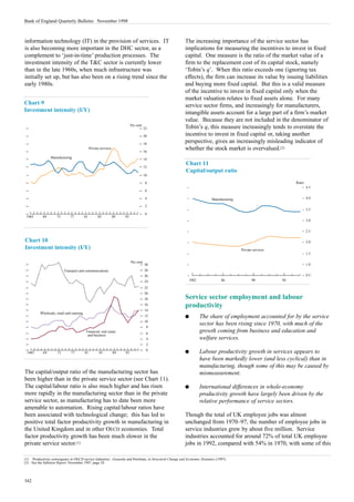 Bank of England Quarterly Bulletin: November 1998



information technology (IT) in the provision of services. IT                                             The increasing importance of the service sector has
is also becoming more important in the DHC sector, as a                                                  implications for measuring the incentives to invest in fixed
complement to ‘just-in-time’ production processes. The                                                   capital. One measure is the ratio of the market value of a
investment intensity of the T&C sector is currently lower                                                firm to the replacement cost of its capital stock, namely
than in the late 1960s, when much infrastructure was                                                     ‘Tobin’s q’. When this ratio exceeds one (ignoring tax
initially set up, but has also been on a rising trend since the                                          effects), the firm can increase its value by issuing liabilities
early 1980s.                                                                                             and buying more fixed capital. But this is a valid measure
                                                                                                         of the incentive to invest in fixed capital only when the
                                                                                                         market valuation relates to fixed assets alone. For many
Chart 9                                                                                                  service sector firms, and increasingly for manufacturers,
Investment intensity (I/Y)                                                                               intangible assets account for a large part of a firm’s market
                                                                                                         value. Because they are not included in the denominator of
                                                                             Per cent
                                                                                        22               Tobin’s q, this measure increasingly tends to overstate the
                                                                                        20               incentive to invest in fixed capital or, taking another
                                                                                        18
                                                                                                         perspective, gives an increasingly misleading indicator of
                                                Private services
                                                                                        16
                                                                                                         whether the stock market is overvalued.(2)
                 Manufacturing                                                          14

                                                                                        12
                                                                                                         Chart 11
                                                                                                         Capital/output ratio
                                                                                        10

                                                                                         8                                                                        Ratio
                                                                                                                                                                          4.5
                                                                                         6

                                                                                         4                                Manufacturing                                   4.0

                                                                                         2
                                                                                                                                                                          3.5
                                                                                         0
 1965       69       73        77          81         85           89   93
                                                                                                                                                                          3.0


                                                                                                                                                                          2.5

Chart 10                                                                                                                                                                  2.0
Investment intensity (I/Y)                                                                                                                Private services
                                                                                                                                                                          1.5

                                                                             Per cent
                                                                                        30                                                                                1.0
                          Transport and communications                                  28
                                                                                        26                                                                                0.5
                                                                                        24                 1982                 86               90          94

                                                                                        22
                                                                                        20
                                                                                        18               Service sector employment and labour
                                                                                        16               productivity
                                                                                        14
          Wholesale, retail and catering
                                                                                        12               q        The share of employment accounted for by the service
                                                                                        10
                                                                                         8
                                                                                                                  sector has been rising since 1970, with much of the
                                            Financial, real estate                       6
                                                                                                                  growth coming from business and education and
                                             and business
                                                                                         4                        welfare services.
                                                                                         2
                                                                                         0
 1965       69       73        77          81          85          89   93                               q        Labour productivity growth in services appears to
                                                                                                                  have been markedly lower (and less cyclical) than in
                                                                                                                  manufacturing, though some of this may be caused by
The capital/output ratio of the manufacturing sector has                                                          mismeasurement.
been higher than in the private service sector (see Chart 11).
The capital/labour ratio is also much higher and has risen                                               q        International differences in whole-economy
more rapidly in the manufacturing sector than in the private                                                      productivity growth have largely been driven by the
service sector, as manufacturing has to date been more                                                            relative performance of service sectors.
amenable to automation. Rising capital/labour ratios have
been associated with technological change; this has led to                                               Though the total of UK employee jobs was almost
positive total factor productivity growth in manufacturing in                                            unchanged from 1970–97, the number of employee jobs in
the United Kingdom and in other OECD economies. Total                                                    service industries grew by about five million. Service
factor productivity growth has been much slower in the                                                   industries accounted for around 72% of total UK employee
private service sector.(1)                                                                               jobs in 1992, compared with 54% in 1970, with some of this

(1) ‘Productivity convergence in OECD service industries’, Gouyette and Perelman, in Structural Change and Economic Dynamics (1997).
(2) See the Inflation Report, November 1997, page 24.




342
 