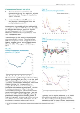 Inflation and growth in a service economy



Consumption of services and prices                                                                          Chart 16
                                                                                                            Retail goods and service price inflation
q        The share of services in consumption, and
         consequently in the retail price index (RPI), increased                                                                                                    Percentage change on a year earlier
                                                                                                                                                                                                               30
         sharply in the 1980s. Thereafter, the share has been
         stable at around 46%.                                                                                                                                                                                 25


q        Service price inflation, on the RPI measure, has                                                                                                                                                      20
         been on average 2 percentage points higher than
         goods price inflation since 1988.                                                                                           Services
                                                                                                                                                                                                               15


Consumption of services made up 46% of total household                                                                                                                                                         10
consumption expenditure in 1997. The services share fell in
the 1950s and 1960s, stabilised in the 1970s, and then                                                                                                                                                             5
increased sharply again in the 1980s following the                                                                                            Goods
liberalisation of financial services (see Chart 15). Since                                                                                                                                                         0
                                                                                                              1977    79       81        83        85    87     89       91     93          95        97
1989, it has stabilised again.

At the retail level, the share of services in total sales has                                               Chart 17
risen only moderately over time. The retail price index                                                     Goods price inflation minus service price
(RPI) measures price movements in a typical consumer’s                                                      inflation
basket of goods and services. Services made up around                                                                                                                                Percentage points
                                                                                                                                                                                                               6
35% of the RPI in 1997, compared with 30% ten years
                                                                                                                                   France
ago.(1)                                                                                                                                                                                                        4

                                                                                                                                                              Germany                                          2
                                                                                                                                                                               United Kingdom
Chart 15                                                                                                                                                                                                   +
                                                                                                                                                                                                               0
Services as a proportion of consumption                                                                                                                                                                    –
                                                                                                                                                                                                               2
expenditure (1995 prices)
                                                                       Per cent                                                                                                                                4
                                                                                  48                                                                                                Japan

                                                                                  47                                                                                                                           6

                                                                                  46                                               United States                                                               8
                                                                                  45
                                                                                                                                                                                                           10
                                                                                  44
                                                                                                                                                                                                           12
                                                                                  43
                                                                                                              1981     83           85        87        89      91       93         95           97
                                                                                  42
                                                                                  41
                                                                                                            Chart 18
                                                                                  40
                                                                                                            Service price inflation
                                                                                  39
                                                                                                                                                                 Percentage change on a year earlier
                                                                                  38                                                                                                                           7
                                                                                  37
                                                                                  36                                                                                                                           6
                                                                                   0
  1955     60       65      70       75       80      85       90      95
                                                                                                                                                                    Personal, catering, financial etc          5
                                                                                                                                                                     (64% of services)
The Government’s target for retail price inflation excluding
                                                                                                                                                                                                               4
mortgage interest payments (RPIX) is 2.5% per year. Since
1977, retail price inflation for services has been around                                                                                                                                                      3
2 percentage points higher than that for goods in the United
                                                                                                                           Utilities and rent
Kingdom (see Chart 16). There are relatively few                                                                            (34% of services)                                                                  2

examples, for only short periods, where retail goods
                                                                                                                                                                                                               1
inflation has been higher than service inflation. This result
is consistent across countries—Chart 17 shows the                                                                                                                                                              0
difference between retail goods and service inflation rates                                                  1993             94               95              96              97                 98
for the United Kingdom, United States, Japan, France and
Germany since 1981. In the United Kingdom, the wedge
between goods and service price inflation is now half its                                                   There are at least five possible explanations for the general
long-run average, partly because average inflation has come                                                 differential between goods and services price inflation.
down, but also because of falling utilities prices since the                                                First, there could be systematically greater measurement
privatisation of a number of industries (see Chart 18).                                                     bias for services than for goods, in terms of underestimating

(1) The share of services in the RPI is lower than in household consumption mainly because the RPI excludes the imputed rent of owner occupiers, a
    service.




                                                                                                                                                                                                                       345
 