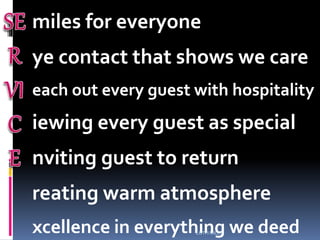 miles for everyone
ye contact that shows we care
each out every guest with hospitality
iewing every guest as special
nviting guest to return
reating warm atmosphere
xcellence in everything we deedLOTFI MILED
 