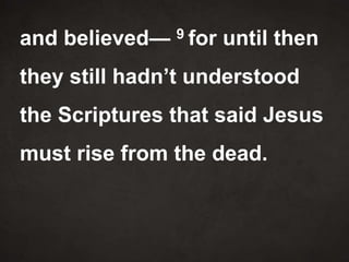 and believed— 9 for until then
they still hadn’t understood
the Scriptures that said Jesus
must rise from the dead.
 