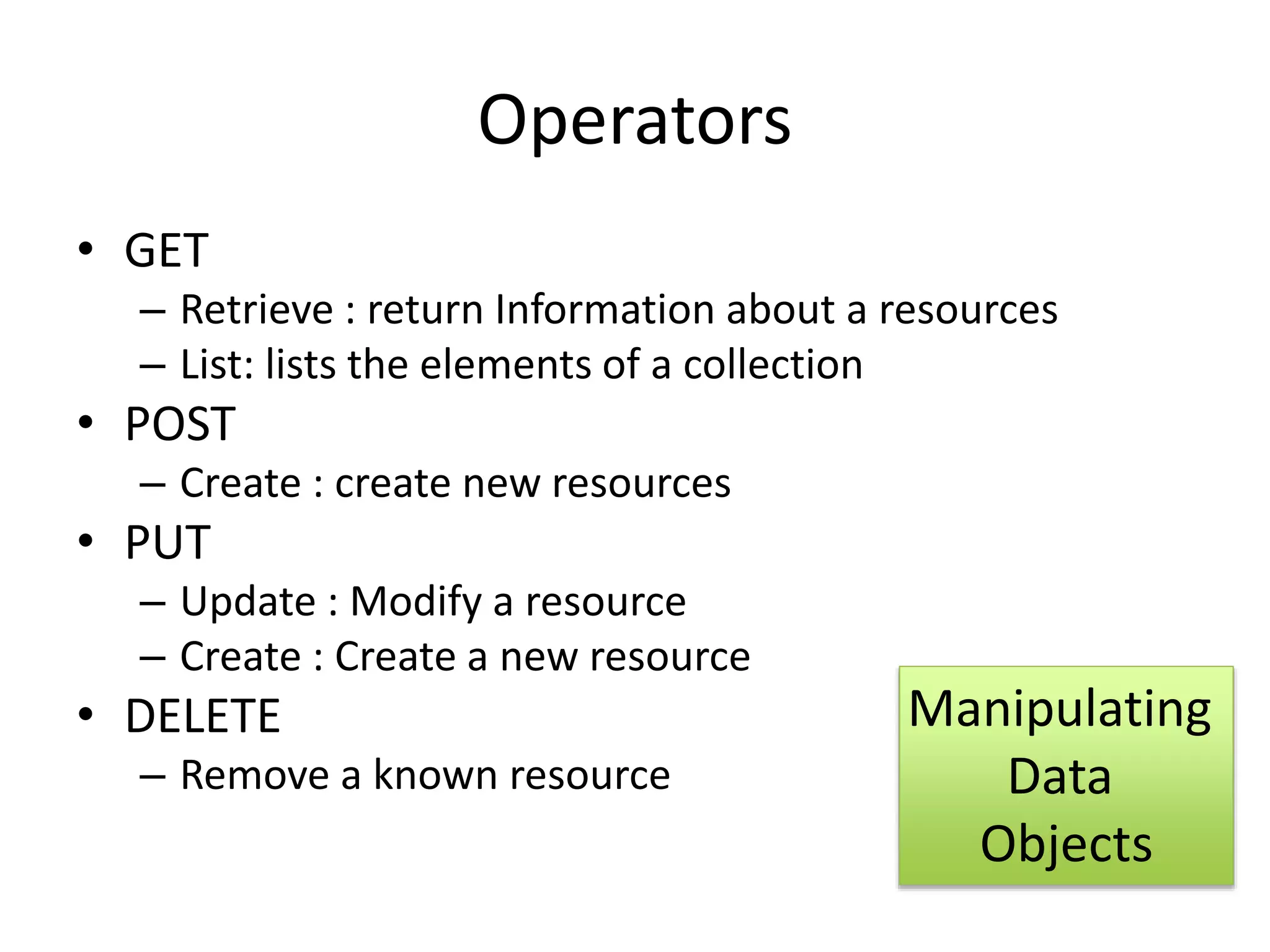 Operators
• GET
– Retrieve : return Information about a resources
– List: lists the elements of a collection
• POST
– Create : create new resources
• PUT
– Update : Modify a resource
– Create : Create a new resource
• DELETE
– Remove a known resource
Manipulating
Data
Objects
 