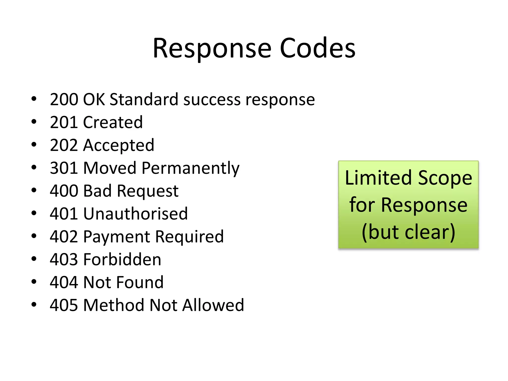 Response Codes
• 200 OK Standard success response
• 201 Created
• 202 Accepted
• 301 Moved Permanently
• 400 Bad Request
• 401 Unauthorised
• 402 Payment Required
• 403 Forbidden
• 404 Not Found
• 405 Method Not Allowed
Limited Scope
for Response
(but clear)
 