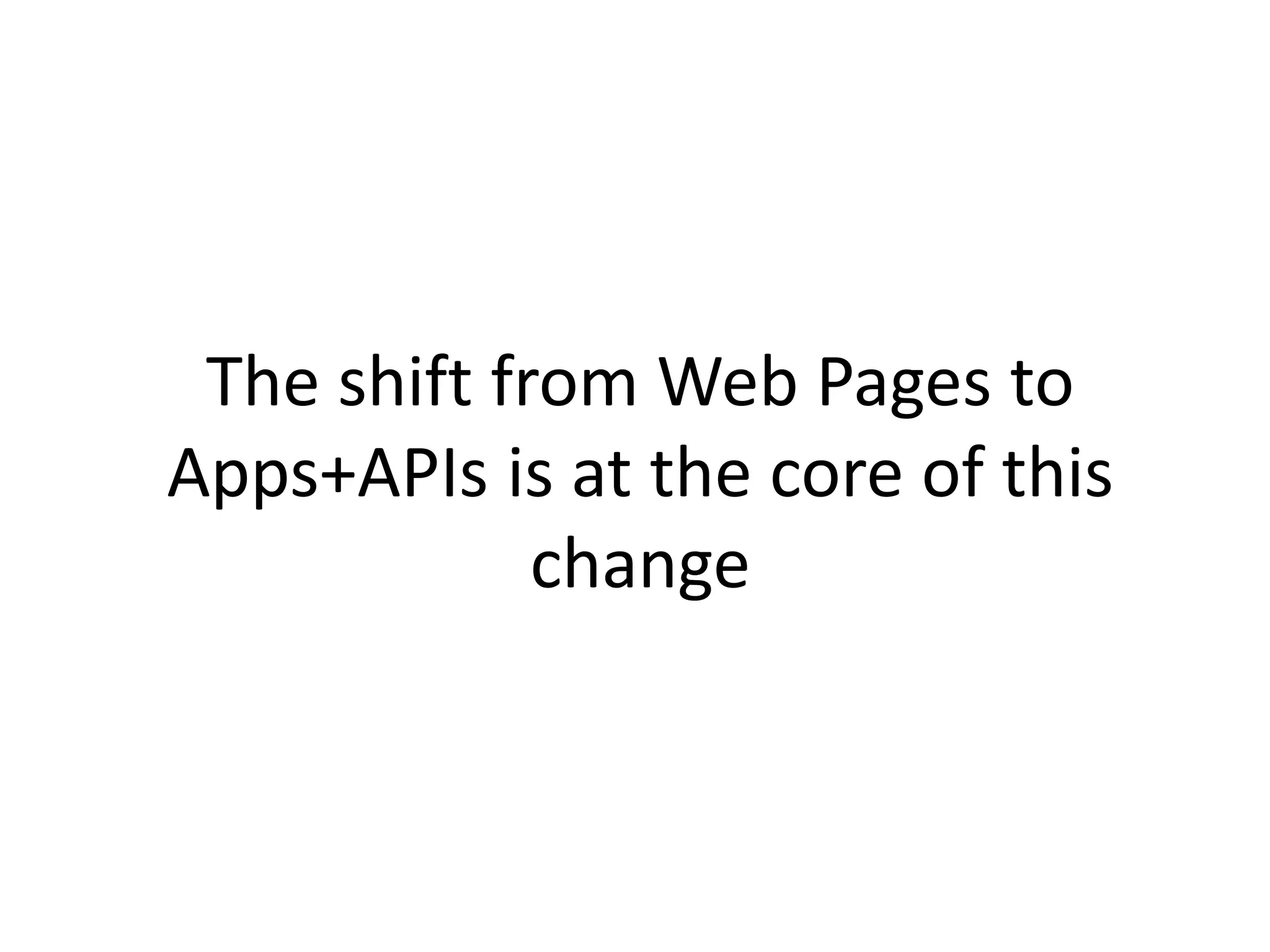 The shift from Web Pages to
Apps+APIs is at the core of this
change
 
