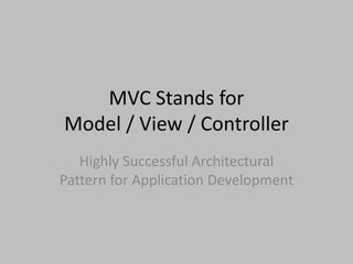 MVC Stands for
Model / View / Controller
Highly Successful Architectural
Pattern for Application Development
 