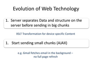 Evolution of Web Technology
1. Server separates Data and structure on the
server before sending in big chunks
1. Start sen...