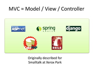 MVC = Model / View / Controller
Originally described for
Smalltalk at Xerox Park
 