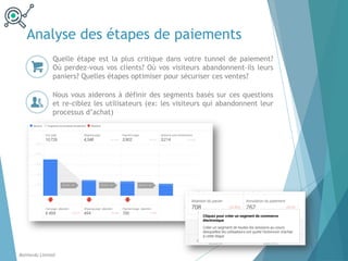 Analyse des étapes de paiements
Quelle étape est la plus critique dans votre tunnel de paiement?
Où perdez-vous vos clients? Où vos visiteurs abandonnent–ils leurs
paniers? Quelles étapes optimiser pour sécuriser ces ventes?
Nous vous aiderons à définir des segments basés sur ces questions
et re-ciblez les utilisateurs (ex: les visiteurs qui abandonnent leur
processus d’achat)
Balthordu Limited
 