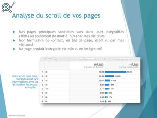 Analyse du scroll de vos pages
Pour aller plus loin,
croisons aussi ces
informations avec la
résolution écran par
exemple…
Balthordu Limited
u Mes pages principales sont-elles vues dans leurs intégralités
(100%) ou seulement de moitié (50%) par mes visiteurs?
u Mon formulaire de contact, en bas de page, est-il vu par mes
visiteurs?
u Ma page produit/catégorie est-elle vu en intégralité?
 