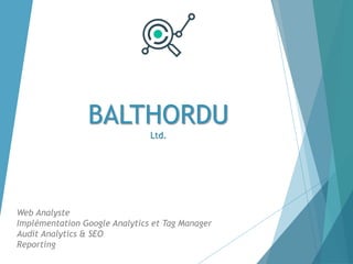 BALTHORDU
Ltd.
Web Analyste
Implémentation Google Analytics et Tag Manager
Audit Analytics & SEO
Reporting
 