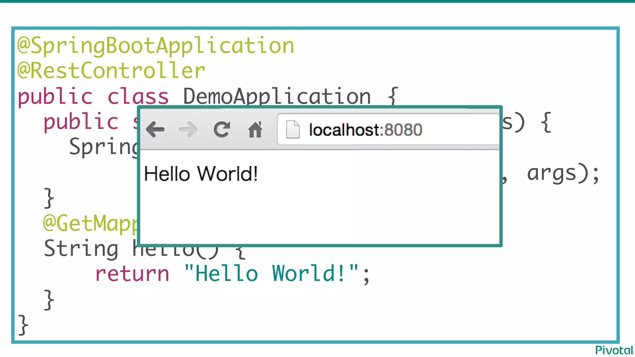 @SpringBootApplication
@RestController
public class DemoApplication {
public static void main(String[] args) {
SpringBootApplication.run(
DemoApplication.class, args);
}
@GetMapping("/")
String hello() {
return "Hello World!";
}
}
 