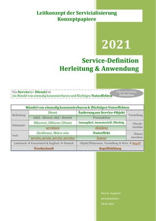 2021
Paul G. Huppertz
servicEvolution
28.01.2021
Service-Definition
Herleitung & Anwendung
Leitkonzept der Servicialisierung
Konzeptpapiere
 
