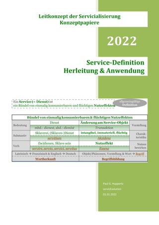 2022
Paul G. Huppertz
servicEvolution
01.01.2022
Service-Definition
Herleitung & Anwendung
Leitkonzept der Servicialisierung
Konzeptpapiere
 