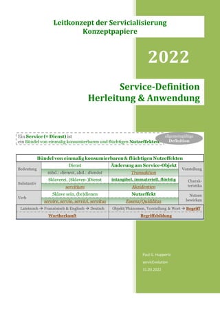 2022
Paul G. Huppertz
servicEvolution
31.03.2022
Service-Definition
Herleitung & Anwendung
Leitkonzept der Servicialisierung
Konzeptpapiere
 