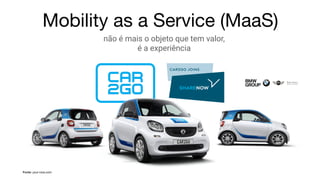 Mobility as a Service (MaaS)
não é mais o objeto que tem valor,
é a experiência
Fonte: your-now.com
 
