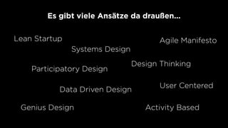 Es gibt viele Ansätze da draußen...
Lean Startup Agile Manifesto
Design Thinking
User Centered
Genius Design Activity Based
Systems Design
Data Driven Design
Participatory Design
 