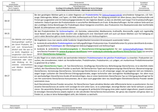 Firma
servicEvolution
Themenbereich
Leitkonzept der Servicialisierung
Druckdatum
07.07.2022
Bearbeiter, Telefon-Nr.
Paul G. Huppertz
+49-1520-9 84 59 62
Thema/Gegenstand
Grundlagen & Grundbegriffe, Modelle & Methoden der Service-Erbringung
Service-Design versus Service-Konzept – Abgrenzungen und Unterschiede
Ablage
Servicialisierung
Diskussionspapiere
Dokumentautor
Paul G. Huppertz
Dokumentname
Service-Design versus Service-Konzept V02.00.00
Dokumentdatum
07.07.2022
Dokumentseite
40 von 54
Paul G. Huppertz ▪ Schöne Aussicht 41 ▪ 65396 Walluf ▪ +49-61 23-74 04 16 ▪ Paul.G.Huppertz@servicEvolution.com
04.14
Die Märkte sind weitge-
hend gesättigt – wohl je-
der kennt Produkte, die
sich zum Verwechseln
ähnlich sind. Nie war es
so leicht, Angebote zu
vergleichen und Dienst-
leister zu wechseln, denn
emotionale oder ratio-
nale Bindung an be-
stimmte Unternehmen
und Marken bestehen
kaum noch.
Bei den gesättigten Märkten geht es in vielen Regionen um Produktmärkte für Gebrauchsgegenstände verschiedener Kategorien, z.B. Fahr-
zeuge, Elektrogeräte, Möbel, und Typen, z.B. PKW, Kaffeemaschine & Tisch. Die Sättigung entsteht vor allem daraus, dass Privathaushalte und
Firmen gut ausgestattet sind mit Gebrauchsgegenständen für den täglichen Bedarf, so dass sie allenfalls nach langer Frist Ersatzbeschaffungen
realisieren. Dadurch geraten die Produktanbieter in verschärften Wettbewerb um Ersatz- & Neubeschaffungen. Auf der anderen Seite wird aus
den unzähligen Online-Bestellungen für Produkttypen dieser Kategorien ersichtlich, dass Produzenten ihre Absatzpotenziale über komfortable
Bestell- & Lieferoptionen noch erweitern können.
04.15
Bei den Produktmärkten für Verbrauchsgüter, z.B. Getränke, Lebensmittel, Medikamente, Kraftstoffe, Brennstoffe, ergibt sich regelmäßig
neuer Bedarf, wenn derartige Güter verzehrt oder aufgebraucht sind. Gleichwohl stellt sich auch auf diesen Märkten zum Teil Sättigung ein
und in vielen Bereichen gibt es starke Konkurrenz um die Käufer von Verbrauchsgütern.
04.16
Bei Angeboten muss man zwecks solide fundierter Vergleichbarkeit konsistent & konsequent auseinander halten:
• konkrete & verbindliche Produktangebote von haftungspflichtigen Produzenten bzw. Produktlieferanten für präzise identifizierte & eindeu-
tig spezifizierte Produkttypen der Oberkategorien Gebrauchsgegenstand und Verbrauchsgut
• konkrete & verbindliche Servuktionsangebote (= Dienst/Service-Erbringungsangebote) für von rechenschaftspflichtigen Dienstleis-
tern/Service Providern für präzise & prägnant identifizierte sowie eindeutig & vollständig spezifizierte Dienst/Service-Typen aus verschie-
denen Dienst/Service-Kategorien.
04.17
In aller Regel ist es relativ einfach, bei wechselnden Anbietern Produktexemplare der gleichen Produkttypen zu erwerben. Produzenten ver-
suchen, das einzudämmen, indem sie Herstellermarken, Produktmarken, Produktserien, o.ä. prägen, um markentreue Produktinteressenten
zu gewinnen & zu halten.
Bei einigen Dienst/Service-Typen, z.B. Taxi-Dienst/Service, Verpflegungs-Dienst/Service, Beherbergungs-Dienst/Service, ist es ebenfalls relativ
einfach, den Dienstleister/Service Provider zu wechseln. Bei Dienst/Service-Typen wie Energieversorgungs-Dienst/Service, Wasserversorgungs-
Dienst/Service, Vermietungs-Dienst/Service, Versicherungs-Dienst/Service ist es oft schwieriger wegen der gering(er)en Zahl von Anbietern,
wegen langer Laufzeiten der Dienst/Service-Erbringungskontrakte, wegen technischer oder vertraglicher Randbedingungen. Vor allem muss
ein wechselwilliger Dienst/Service-Kunde oft berücksichtigen, dass er einen bestimmten Dienst/Service-Typ zur Erbringung beauftragt hat für
von ihm autorisierte Dienst/Service-Konsumenten, die er dann auch gegenüber dem neu beauftragten Dienstleister/Service Provider wieder
autorisieren muss.
Auch Dienstleister/Service Provider versuchen, für Dienst/Service-Typen attraktive Marken oder differenzierte Serien zu positionieren. Da man
einzelne Dienste/Services als solche nicht vorzeigen & nicht sehen kann, ist es aufwendiger, derartige Marken oder Serien wirksam zu positio-
nieren. Die wesentliche Bindung entsteht durch die verzugslose & verlässliche Erbringung eines jeden explizit abgerufenen, jeweils einzelnen
& einmaligen Dienstes/Service jeweils explizit an den abrufenden Dienst/Service-Konsumenten, der genau das erwartet und genau dann zu-
frieden ist, so dass er keine Notwendigkeit sieht, den Anbieter zu wechseln.
 