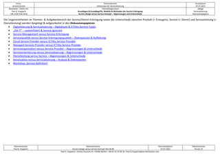 Firma
servicEvolution
Themenbereich
Leitkonzept der Servicialisierung
Druckdatum
07.07.2022
Bearbeiter, Telefon-Nr.
Paul G. Huppertz
+49-1520-9 84 59 62
Thema/Gegenstand
Grundlagen & Grundbegriffe, Modelle & Methoden der Service-Erbringung
Service-Design versus Service-Konzept – Abgrenzungen und Unterschiede
Ablage
Servicialisierung
Diskussionspapiere
Dokumentautor
Paul G. Huppertz
Dokumentname
Service-Design versus Service-Konzept V02.00.00
Dokumentdatum
07.07.2022
Dokumentseite
44 von 54
Paul G. Huppertz ▪ Schöne Aussicht 41 ▪ 65396 Walluf ▪ +49-61 23-74 04 16 ▪ Paul.G.Huppertz@servicEvolution.com
Die Ungereimtheiten im Themen- & Aufgabenbereich der Service/Dienst-Erbringung sowie die Unterschiede zwischen Produkt (= Erzeugnis), Service (= Dienst) und Serviceleistung (=
Dienstleistung) werden dargelegt & aufgearbeitet in den Diskussionspapieren
• Digitalisierung & Servicialisierung – Digitalisate & ICTility Service-Typen
• „Die IT“ – systemfixiert & service-ignorant
• Service-Management versus Service-Erbringung
• Servicequalität versus Service-Erbringungsqualität – Diskrepanzen & Aufklärung
• Cloud Service Provider versus ICTility Service Provider
• Managed Services Provider versus ICTility Service Provider
• Serviceorganisation versus Service Provider – Abgrenzungen & Unterschiede
• Serviceorientierung versus Servicialisierung – Abgrenzungen & Unterschiede
• Dienstleistung versus Service – Abgrenzungen & Unterschiede
• Servitization versus Servicialisierung – Analyse & Diskrepanzen
• Workshop ‚Service-Definition‘
 