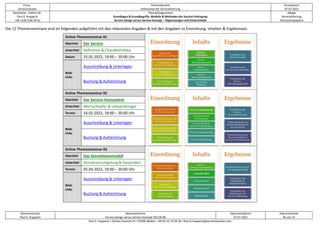 Firma
servicEvolution
Themenbereich
Leitkonzept der Servicialisierung
Druckdatum
07.07.2022
Bearbeiter, Telefon-Nr.
Paul G. Huppertz
+49-1520-9 84 59 62
Thema/Gegenstand
Grundlagen & Grundbegriffe, Modelle & Methoden der Service-Erbringung
Service-Design versus Service-Konzept – Abgrenzungen und Unterschiede
Ablage
Servicialisierung
Diskussionspapiere
Dokumentautor
Paul G. Huppertz
Dokumentname
Service-Design versus Service-Konzept V02.00.00
Dokumentdatum
07.07.2022
Dokumentseite
46 von 54
Paul G. Huppertz ▪ Schöne Aussicht 41 ▪ 65396 Walluf ▪ +49-61 23-74 04 16 ▪ Paul.G.Huppertz@servicEvolution.com
Die 12 Themenseminare sind im folgenden aufgeführt mit den relevanten Angaben & mit den Angaben zu Einordnung, Inhalten & Ergebnissen.
Online-Themenseminar 01
Obertitel Der Service
Untertitel Definition & Charakteristika
Datum 25.01.2022, 19:00 – 20:00 Uhr
Web-
Links
Ausschreibung & Unterlagen
Buchung & Aufzeichnung
Online-Themenseminar 02
Obertitel Der Service-Konsument
Untertitel Wertschöpfer & Umsatzbringer
Termin 16.02.2022, 19:00 – 20:00 Uhr
Web-
Links
Ausschreibung & Unterlagen
Buchung & Aufzeichnung
Online-Themenseminar 03
Obertitel Das Servuktionsmodell
Untertitel Servuktionsumgebung & Hauptrollen
Termin 05.04.2022, 19:00 – 20:00 Uhr
Web-
Links
Ausschreibung & Unterlagen
Buchung & Aufzeichnung
 