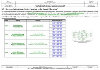 Firma
servicEvolution
Themenbereich
Leitkonzept der Servicialisierung
Druckdatum
07.07.2022
Bearbeiter, Telefon-Nr.
Paul G. Huppertz
+49-1520-9 84 59 62
Thema/Gegenstand
Grundlagen & Grundbegriffe, Modelle & Methoden der Service-Erbringung
Service-Design versus Service-Konzept – Abgrenzungen und Unterschiede
Ablage
Servicialisierung
Diskussionspapiere
Dokumentautor
Paul G. Huppertz
Dokumentname
Service-Design versus Service-Konzept V02.00.00
Dokumentdatum
07.07.2022
Dokumentseite
50 von 54
Paul G. Huppertz ▪ Schöne Aussicht 41 ▪ 65396 Walluf ▪ +49-61 23-74 04 16 ▪ Paul.G.Huppertz@servicEvolution.com
07. Service-Definition & Onsite-Seminarreihe ‚ServicEducation‘
Die universell anwendbaren Grundlagen & Grundbegriffe, Modelle & Methoden für standardisierte & rationalisierte, automatisierte & optimierte Service/Dienst-Erbringung (= Servuk-
tion), in deren Fokus adressierte bzw. autorisierte Service/Dienst-Konsumenten stehen und die zusammengefasst sind im Leitkonzept der Servicialisierung, werden interaktiv vermit-
telt & praktisch angewendet in den Seminaren & Seminar-Duos der Ausbildungsreihe ‚ServicEducation 2022 – Methodik der Service-Erbringung‘.
In den 4 Seminar-Duos (SD) sind jeweils 2 zweitägige Seminare mit zwei eng verknüpften Themen & Methoden zusammengefasst, so dass TeilnehmerInnen sich intensiv & konzentriert
damit beschäftigen können.
Code Obertitel Untertitel Ausschreibungen für
SD01
Servicialisierung
& Service Provider
Von Service-Begriff
bis Geschäftsmodell
17.01. – 20.01.2022
07.03. – 10.03.2022
25.04. – 28.04.2022
22.08. – 25.08.2022
10.10. – 13.10.2022
14.11. – 17.11.2022
SD02
Service-Identifizierung
& Service-Spezifizierung
Von Service-Begriff
bis Service-Erbringungspreis
24.01. – 27.01.2022
14.03. – 17.03.2022
02.05. – 05.05.2022
29.08. – 01.09.2022
17.10. – 20.10.2022
21.11. – 24.11.2022
SD03
Service-Konzipierung
& Service-Orchestrierung
Von Service-Spezifikation
bis Service-Erbringungsbereitschaft
31.01. – 03.02.2022
21.03. – 24.03.2022
09.05. – 12.05.2022
05.09. – 08.09.2022
24.10. – 27.10.2022
28.11. – 01.12.2022
SD04
Service-Offerierung
& Service-Kontrahierung
Von Service-Katalog
bis Service-Erbringungskontrakt
07.02. – 10.02.2022
28.03. – 31.03.2022
16.05. – 19.05.2022
12.09. – 15.09.2022
31.10. – 03.11.2022
05.12. – 08.12.2022
Abbildung 3: Ausbildungsreihe ‚ServicEducation‘
Seminare & Seminar-Duos
 