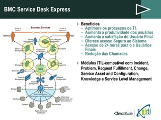 BMC Service Desk Express Benef ícios Aprimora os processos de TI. Aumenta a produtividade dos usuários Aumenta a satisfação do Usuário Final Oferece acesso Seguro ao Sistema Acesso de 24 horas para o s Usuários Finais Redução das Chamadas Módulos ITIL-compatível com Incident, Problem, Request Fulfillment, Change, Service Asset and Configuration, Knowledge e Service Level Management 