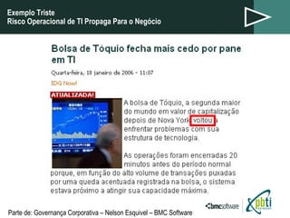 Exemplo Triste Risco Operacional de TI Propaga Para o Negócio Parte de: Governança Corporativa – Nelson Esquivel – BMC Software 
