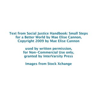 Text from Social Justice Handbook: Small Steps
for a Better World by Mae Elise Cannon,
Copyright 2009 by Mae Elise Cannon
used by written permission,
for Non-Commercial Use only,
granted by InterVarsity Press
Images from Stock Xchange