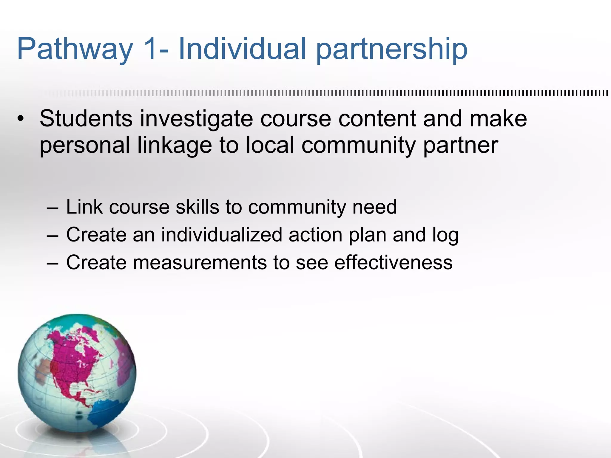 Pathway 1- Individual partnership Students investigate course content and make personal linkage to local community partner Link course skills to community need Create an individualized action plan and log Create measurements to see effectiveness 