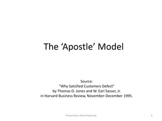 The ‘Apostle’ Model


                        Source:
           "Why Satisfied Customers Defect"
       by Thomas O. Jones and W. Earl Sasser, Jr.
in Harvard Business Review, November-December 1995.



             Prepared by Steve Raybould               3
 